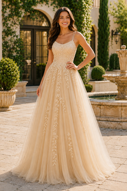 Elovina A Line Square Neckline Sleeveless Sweep Train Tulle Prom Dress- Style in Champagne - front view