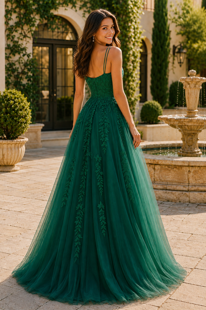 Elovina A Line Square Neckline Sleeveless Sweep Train Tulle Prom Dress- Style in Emerald Green - back view