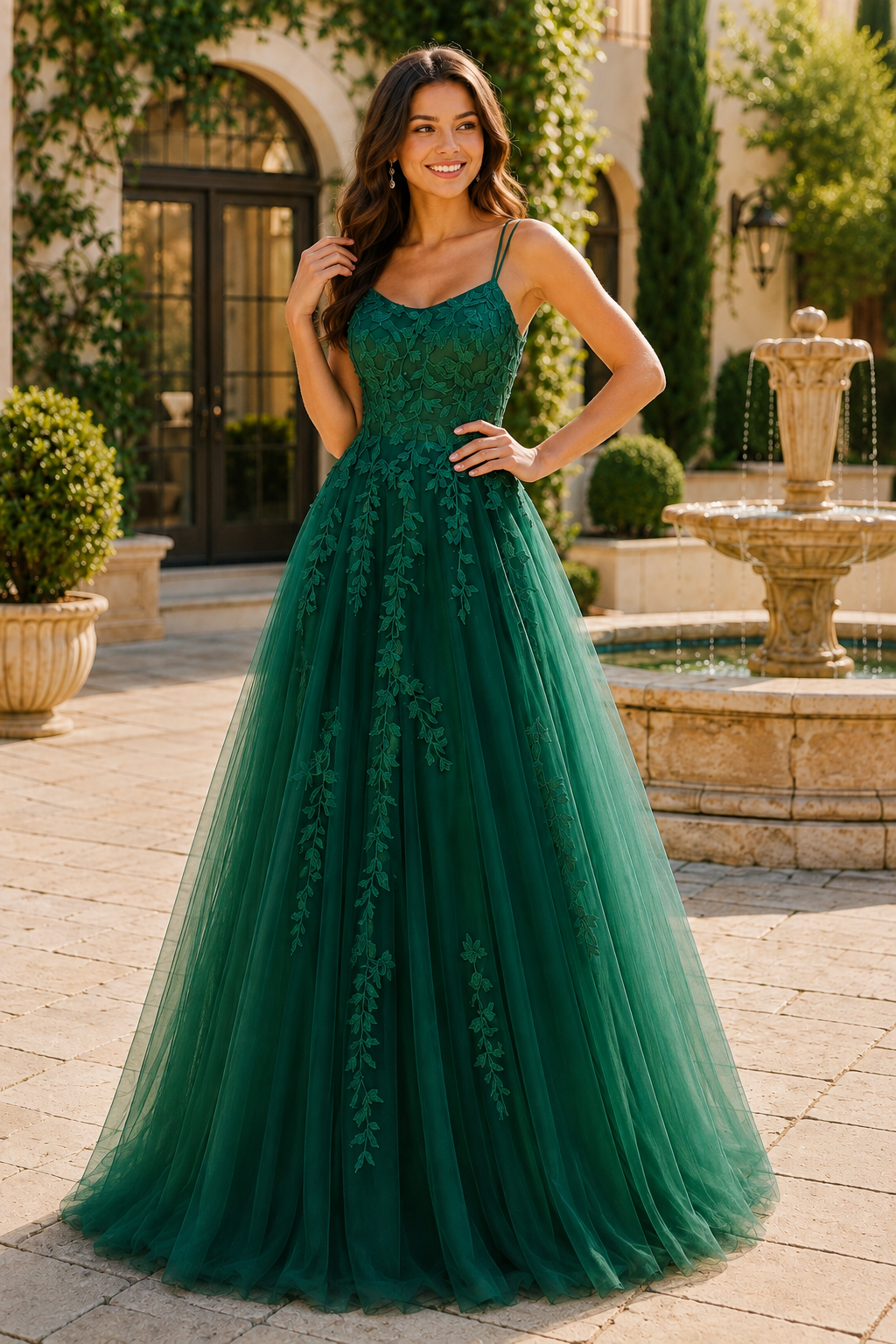Elovina A Line Square Neckline Sleeveless Sweep Train Tulle Prom Dress- Style in Emerald Green - front view