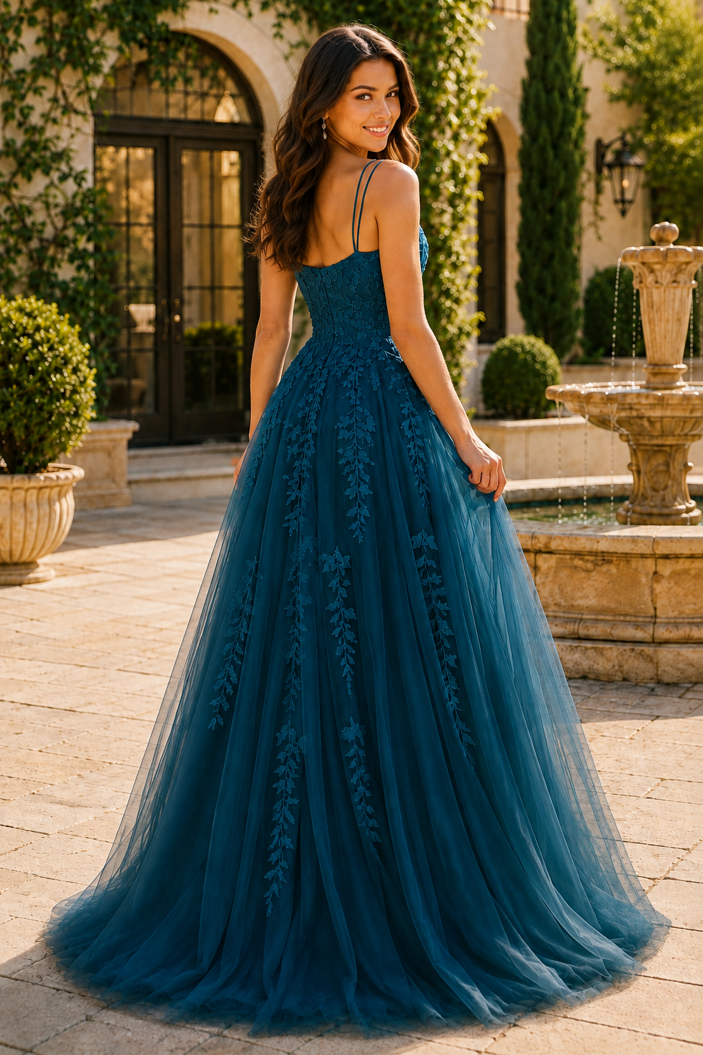 Elovina A Line Square Neckline Sleeveless Sweep Train Tulle Prom Dress- Style in Navy Blue - back view