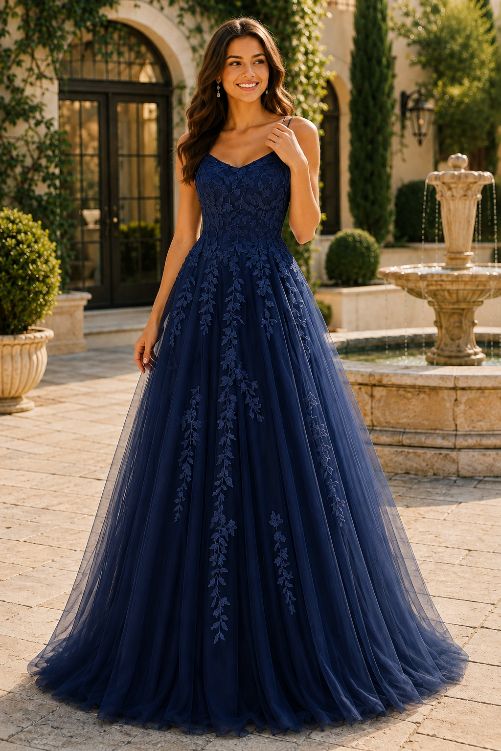 Elovina A Line Square Neckline Sleeveless Sweep Train Tulle Prom Dress- Style in Navy Blue - front view