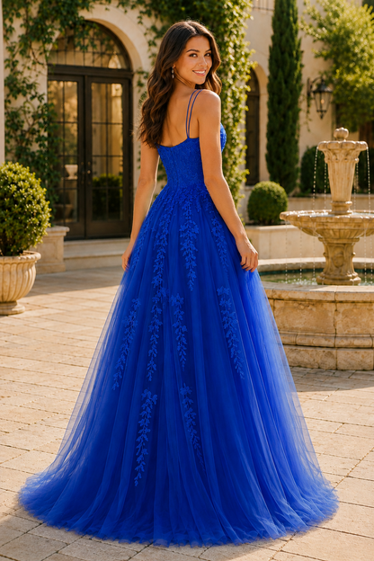 Elovina A Line Square Neckline Sleeveless Sweep Train Tulle Prom Dress- Style in Royal Blue - back view