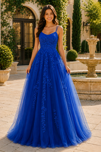 Elovina A Line Square Neckline Sleeveless Sweep Train Tulle Prom Dress- Style in Royal Blue - front view