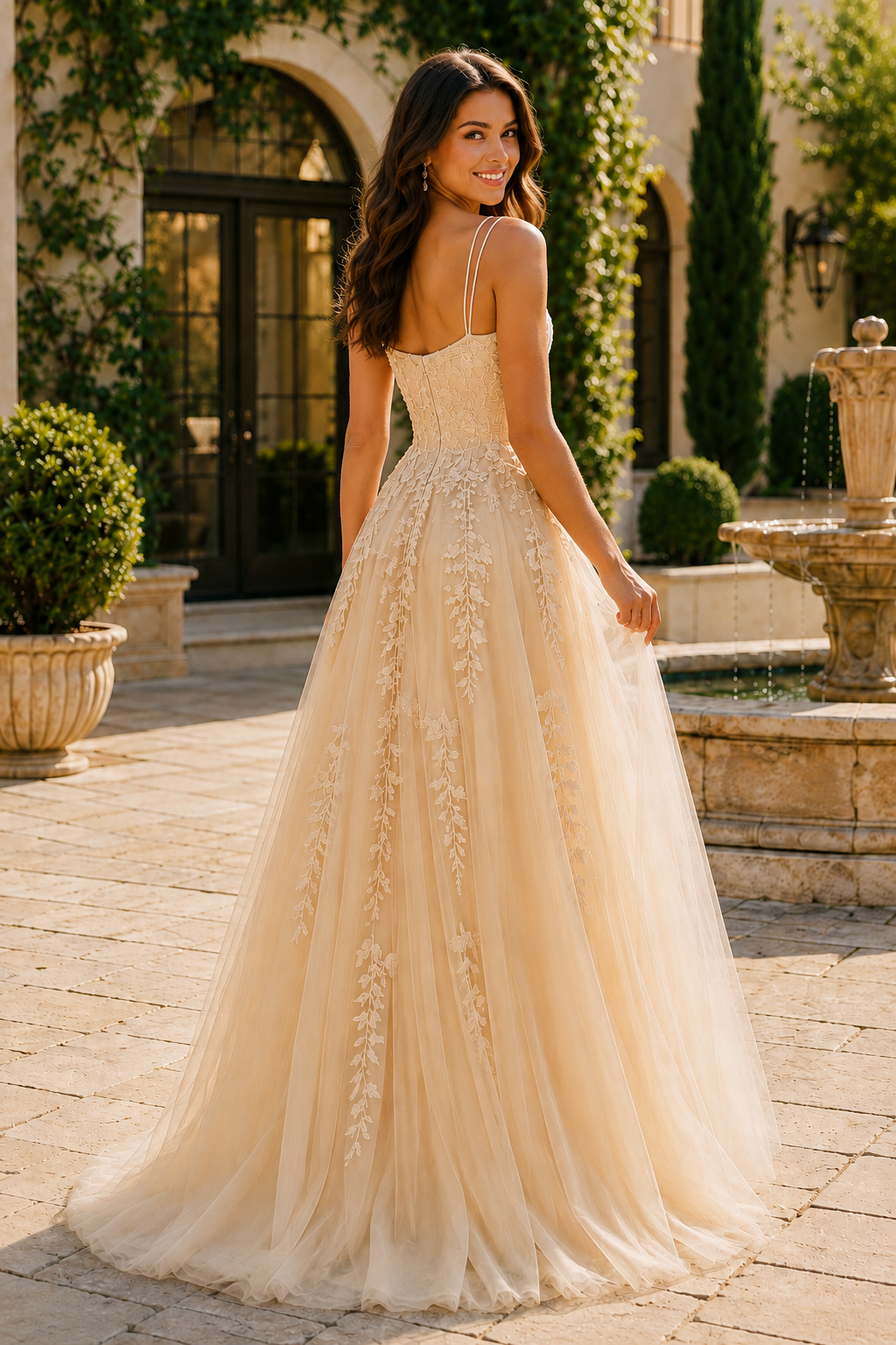 Elovina A Line Square Neckline Sleeveless Sweep Train Tulle Prom Dress- Style in Silver - back view