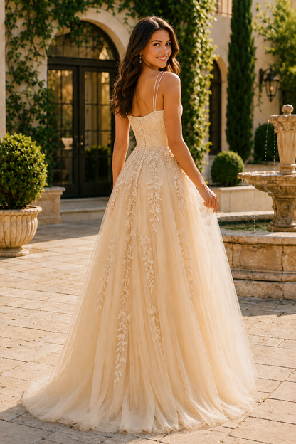 Elovina A Line Square Neckline Sleeveless Sweep Train Tulle Prom Dress- Style in Silver - back view