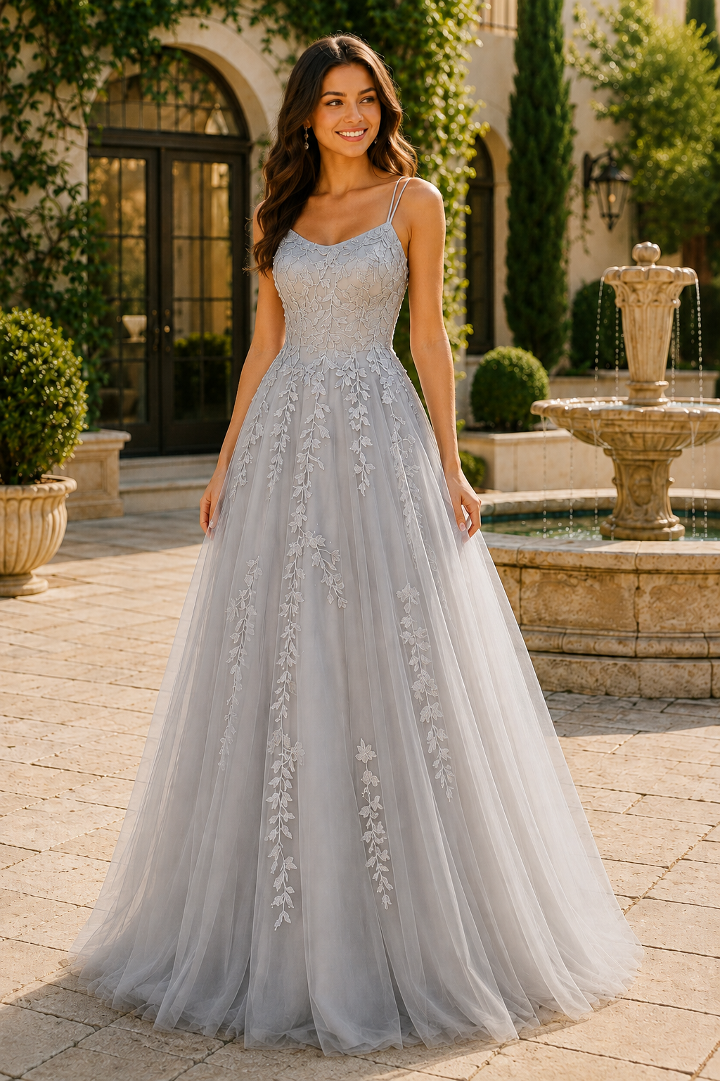 Elovina A Line Square Neckline Sleeveless Sweep Train Tulle Prom Dress- Style in Silver - front view