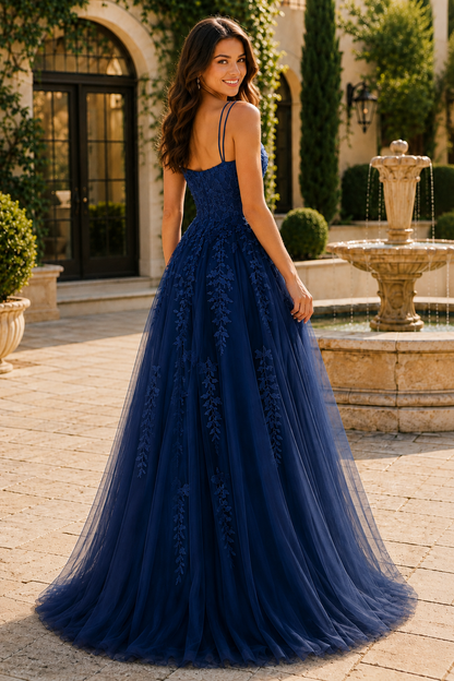Elovina A Line Square Neckline Sleeveless Sweep Train Tulle Prom Dress- Style in Teal - back view