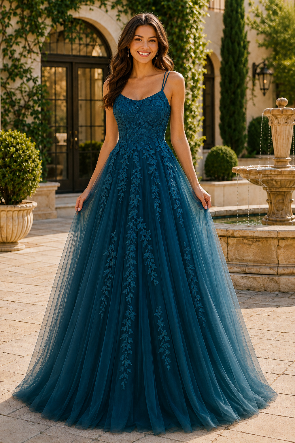 Elovina A Line Square Neckline Sleeveless Sweep Train Tulle Prom Dress- Style in Teal - front view