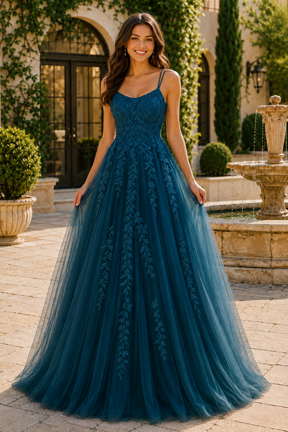Elovina A Line Square Neckline Sleeveless Sweep Train Tulle Prom Dress- Style in Teal - front view