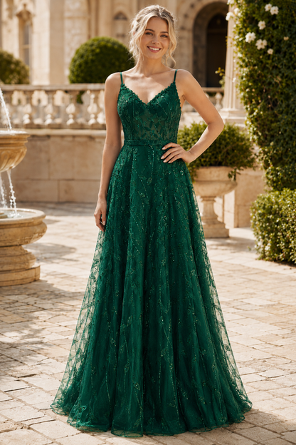 Arisette A Line V Neck Floor Length Tulle Prom Dress- Style in Black - front view