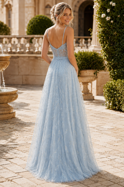 Arisette A Line V Neck Floor Length Tulle Prom Dress- Style in Blush Pink - back view