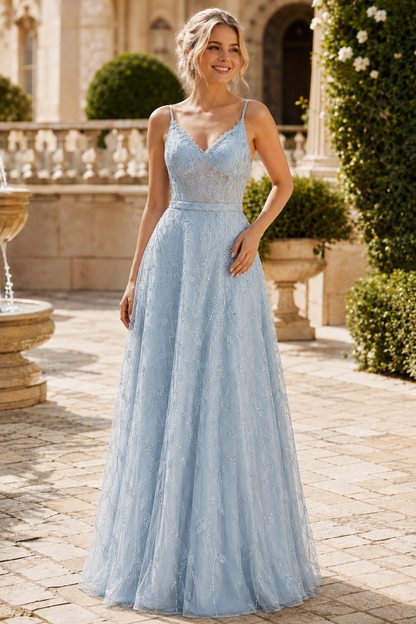 Arisette A Line V Neck Floor Length Tulle Prom Dress- Style in Blush Pink - front view