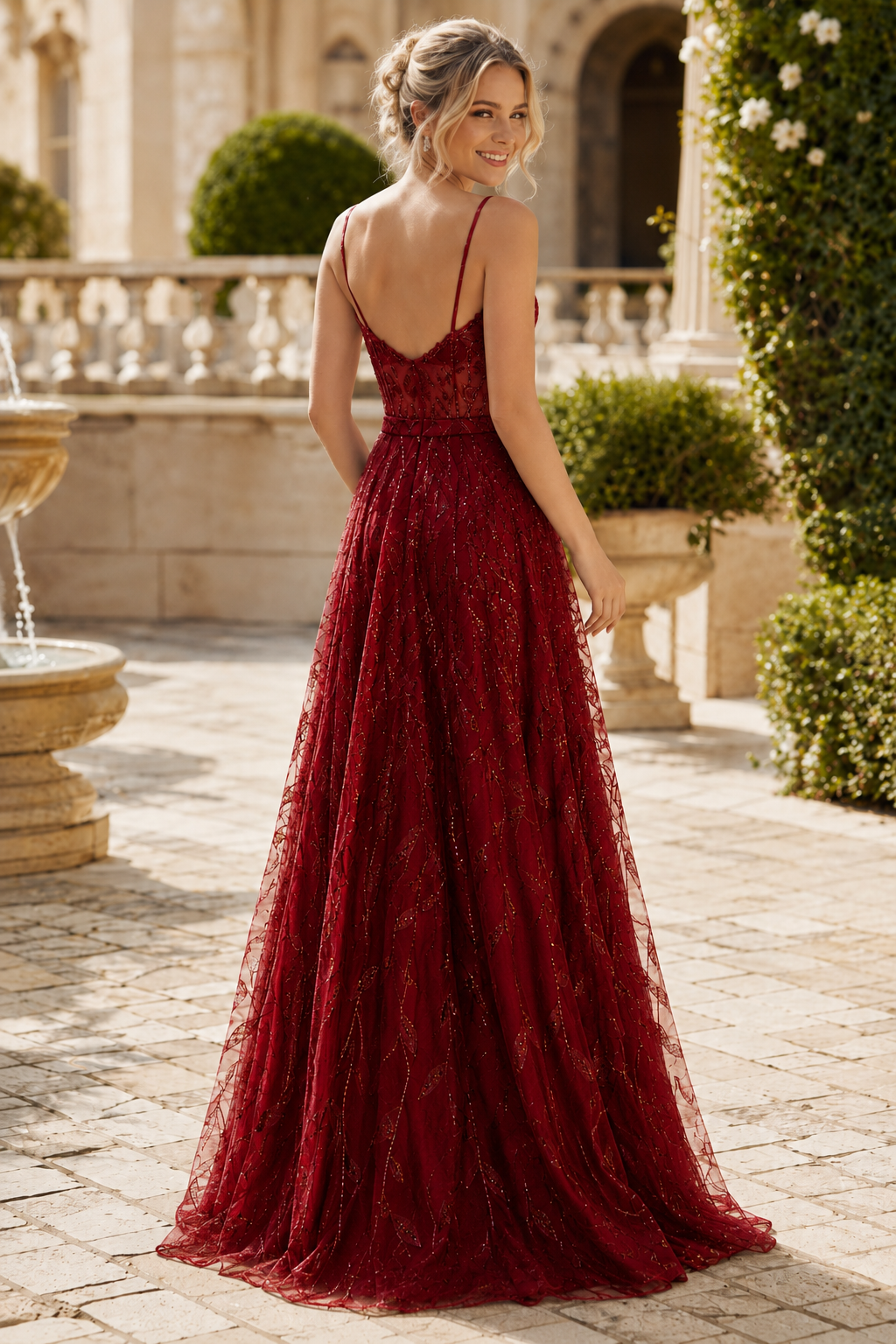 Arisette A Line V Neck Floor Length Tulle Prom Dress- Style in Burgundy - back view