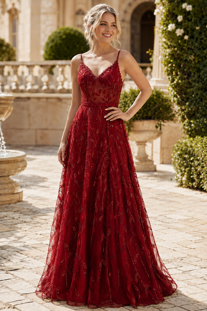 Arisette A Line V Neck Floor Length Tulle Prom Dress- Style in Burgundy - front view