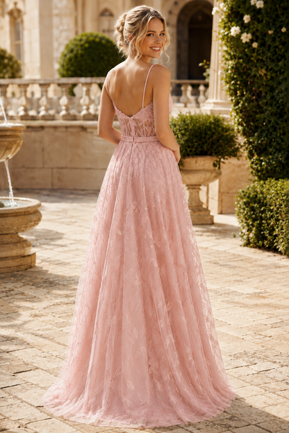 Arisette A Line V Neck Floor Length Tulle Prom Dress- Style in Champagne - back view