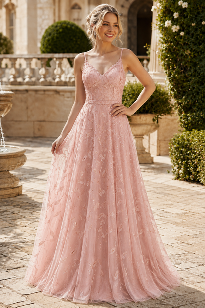 Arisette A Line V Neck Floor Length Tulle Prom Dress- Style in Champagne - front view