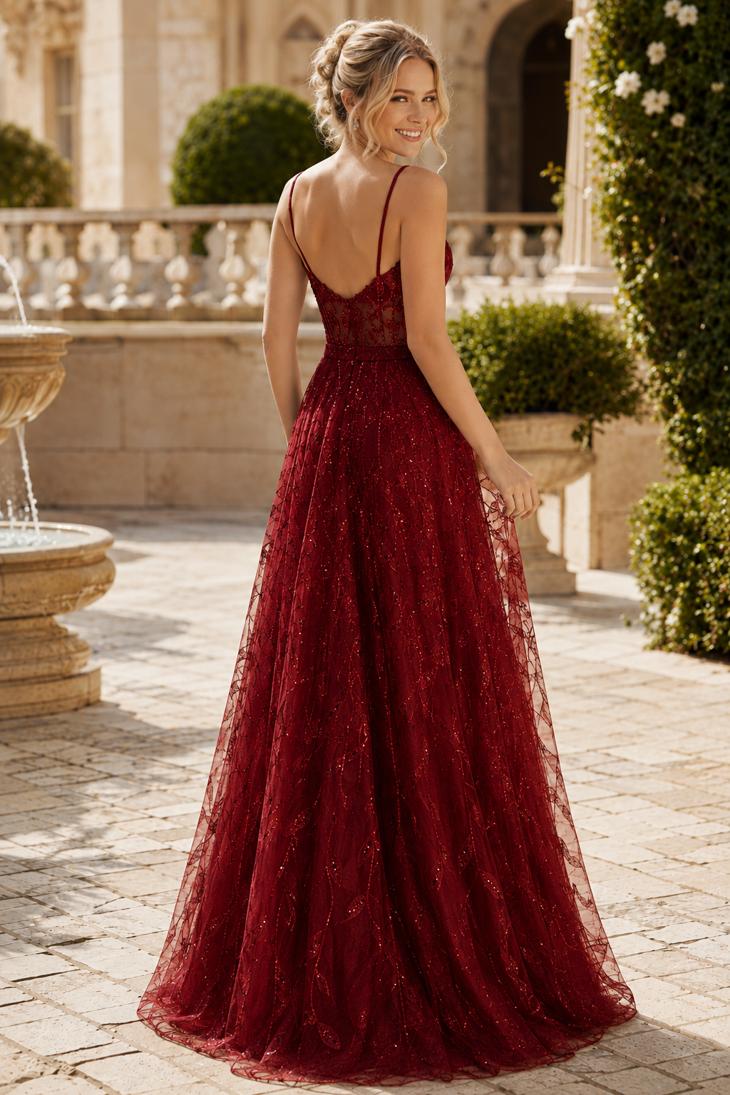 Arisette A Line V Neck Floor Length Tulle Prom Dress- Style in Emerald Green - back view