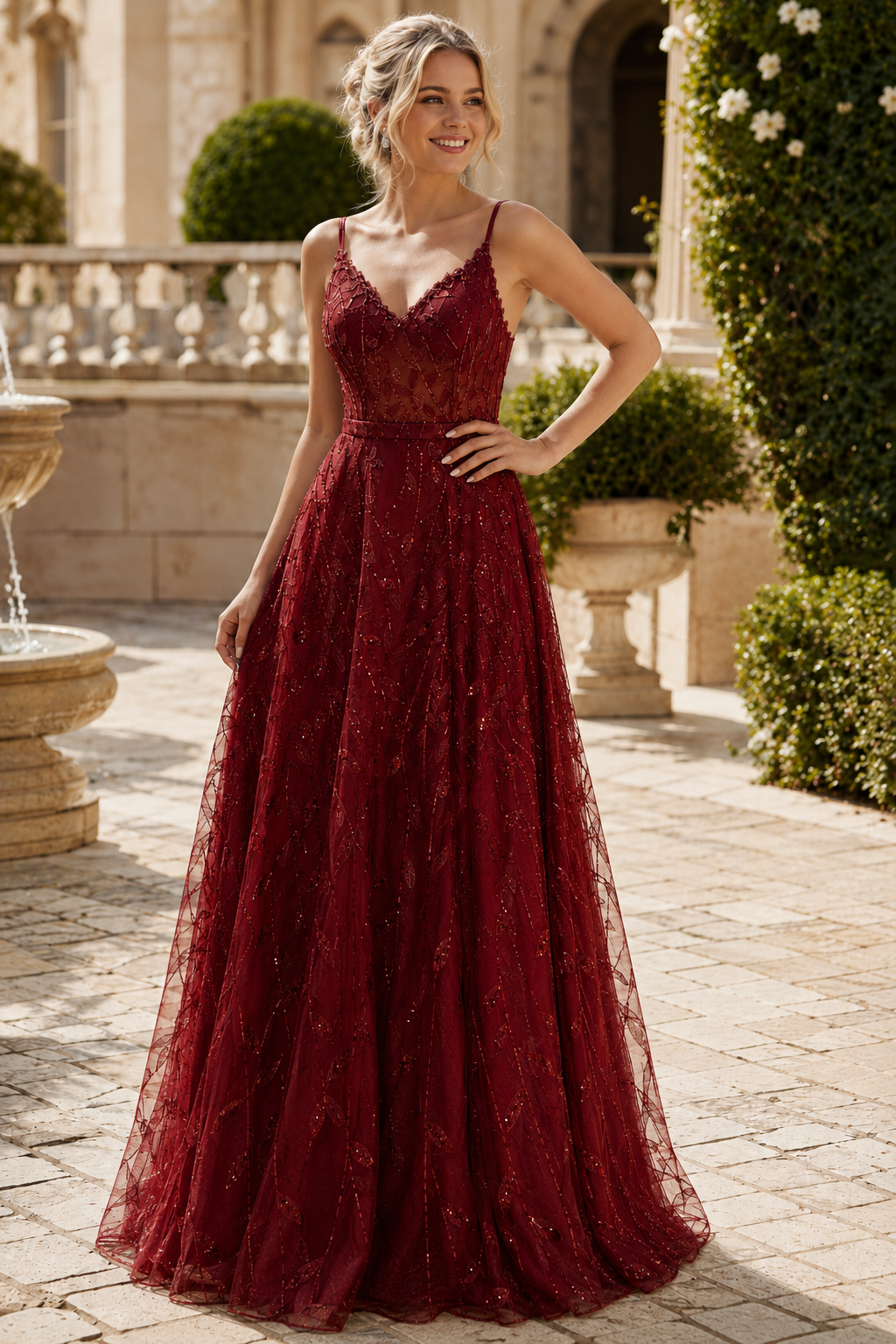 Arisette A Line V Neck Floor Length Tulle Prom Dress- Style in Emerald Green - front view