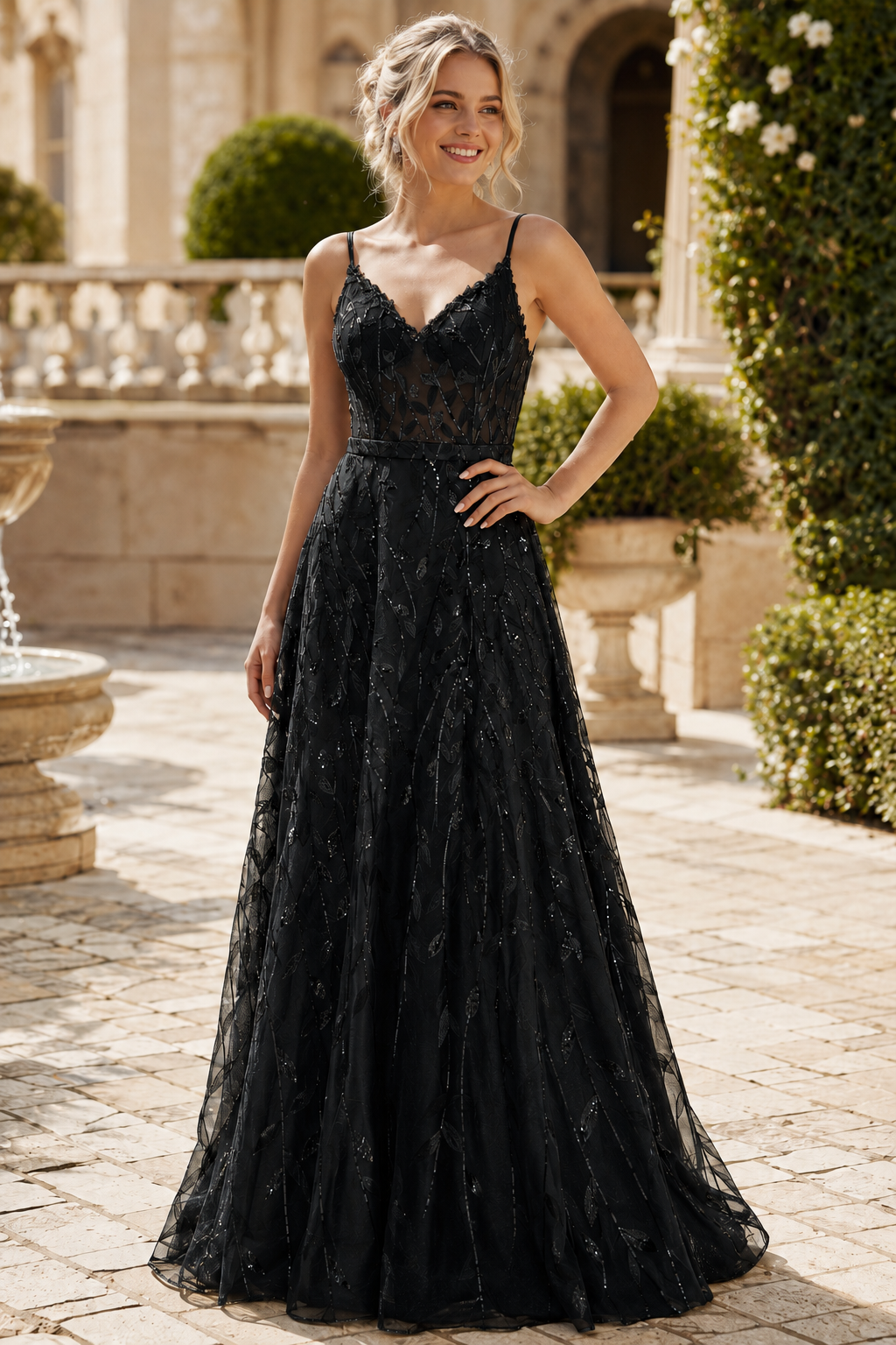 Arisette A Line V Neck Floor Length Tulle Prom Dress- Style in Fuchsia - front view
