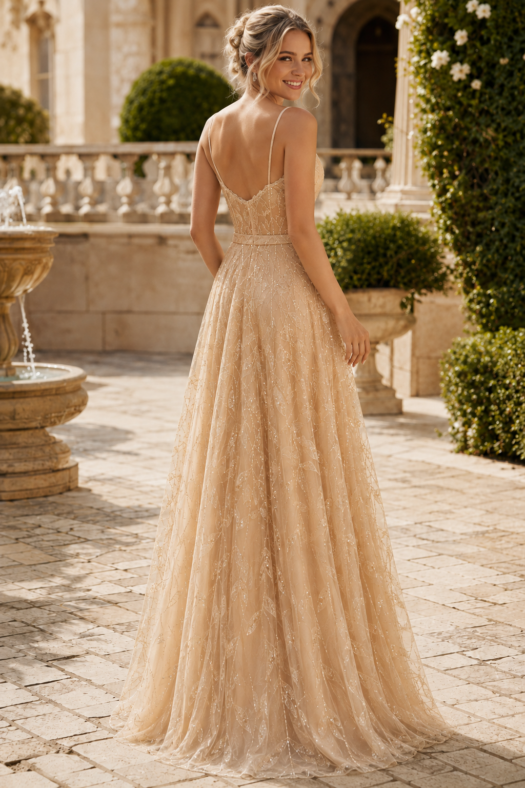 Arisette A Line V Neck Floor Length Tulle Prom Dress- Style in Gold - back view
