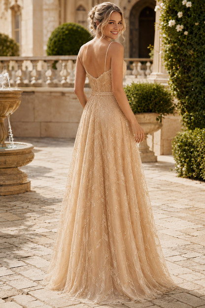 Arisette A Line V Neck Floor Length Tulle Prom Dress- Style in Gold - back view
