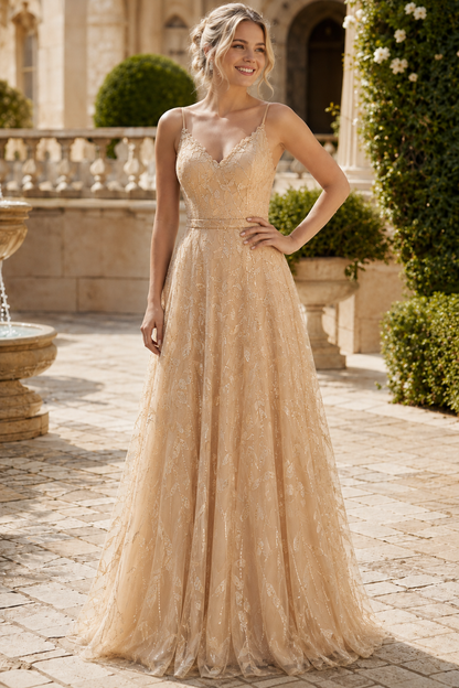 Arisette A Line V Neck Floor Length Tulle Prom Dress- Style in Gold - front view