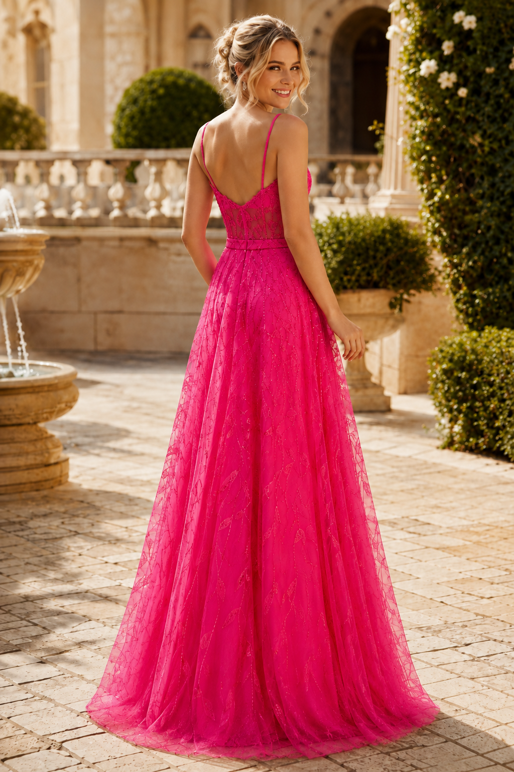 Arisette A Line V Neck Floor Length Tulle Prom Dress- Style in Light Blue - back view