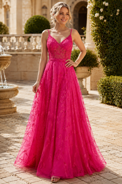 Arisette A Line V Neck Floor Length Tulle Prom Dress- Style in Light Blue - front view