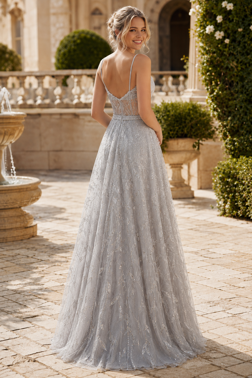 Arisette A Line V Neck Floor Length Tulle Prom Dress- Style in Silver - back view