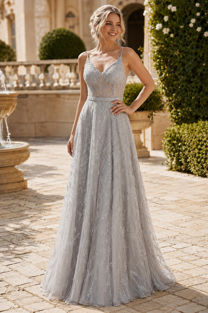 Arisette A Line V Neck Floor Length Tulle Prom Dress- Style in Silver - front view