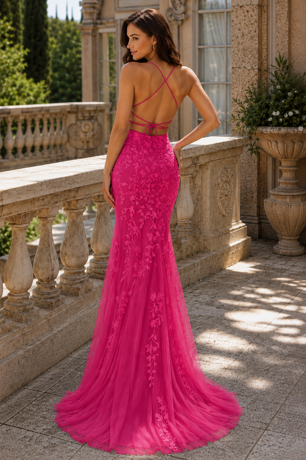 Estlora Mermaid Square Neckline Sweep Train Tulle Prom Dress in Black - back view