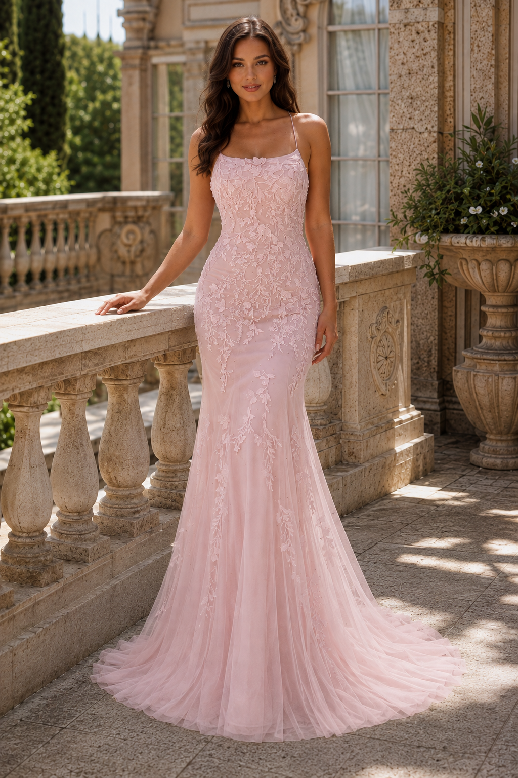 Estlora Mermaid Square Neckline Sweep Train Tulle Prom Dress in Blush Pink - front view