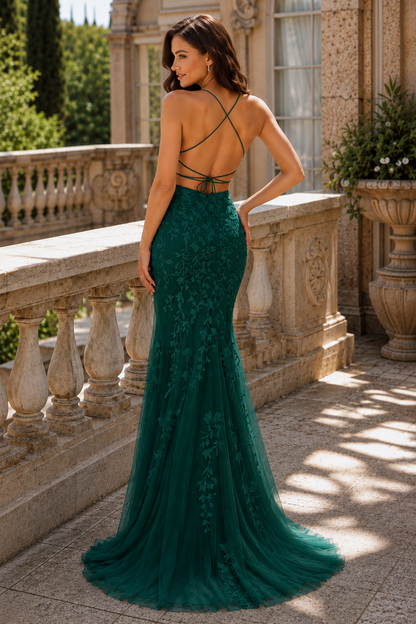 Estlora Mermaid Square Neckline Sweep Train Tulle Prom Dress in Burgundy - back view