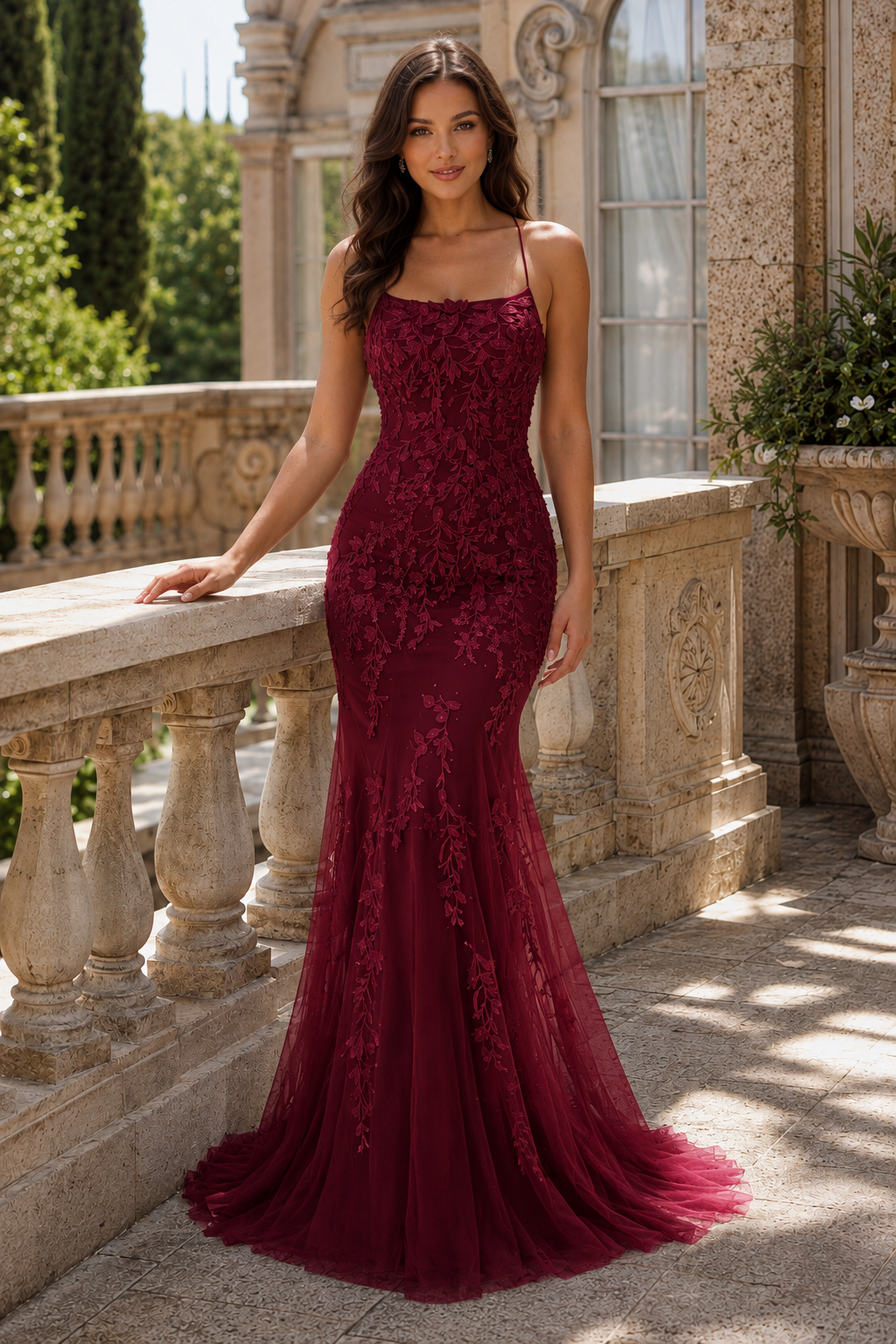 Estlora Mermaid Square Neckline Sweep Train Tulle Prom Dress in Burgundy - front view