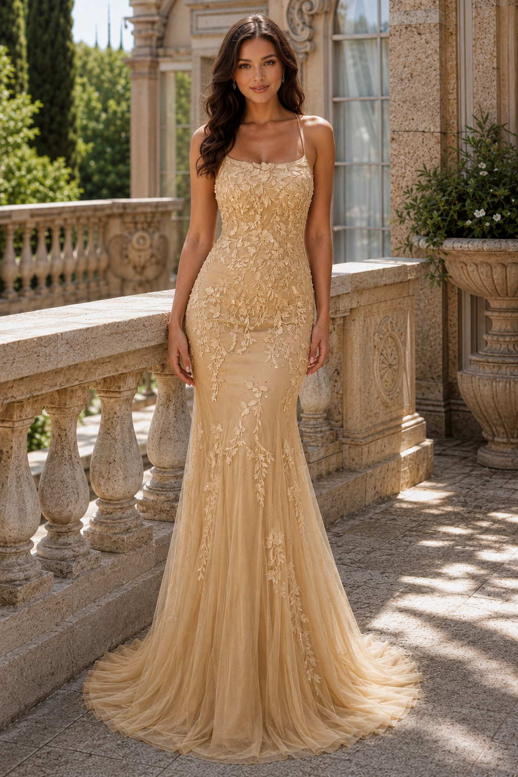 Estlora Mermaid Square Neckline Sweep Train Tulle Prom Dress in Champagne - front view