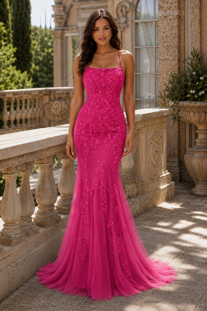 Estlora Mermaid Square Neckline Sweep Train Tulle Prom Dress in Fuchsia - front view