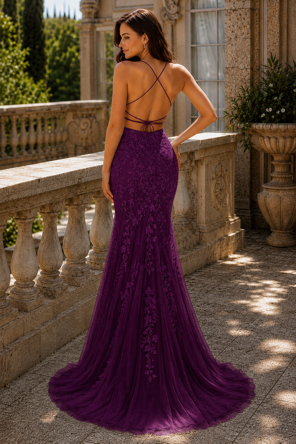 Estlora Mermaid Square Neckline Sweep Train Tulle Prom Dress in Purple - back view