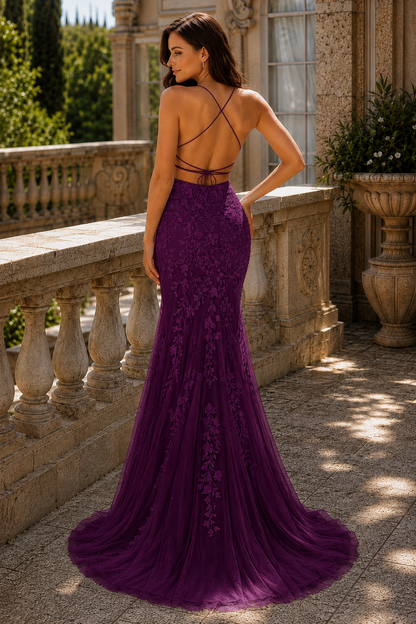Estlora Mermaid Square Neckline Sweep Train Tulle Prom Dress in Purple - back view