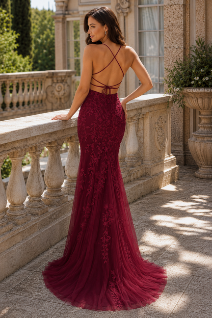 Estlora Mermaid Square Neckline Sweep Train Tulle Prom Dress in Purple - front view