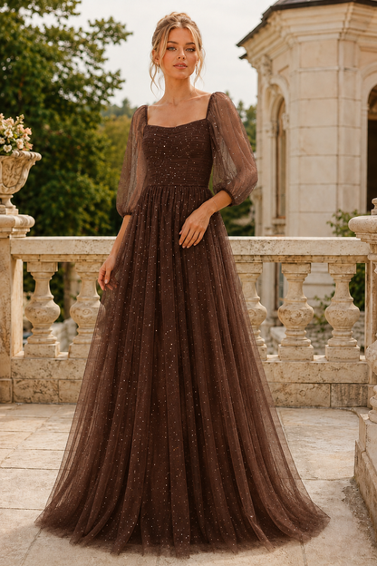 Kalsette A Line Square Neckline 3 4 Sleeve Floor Length Tulle Prom Dress in Black - back view