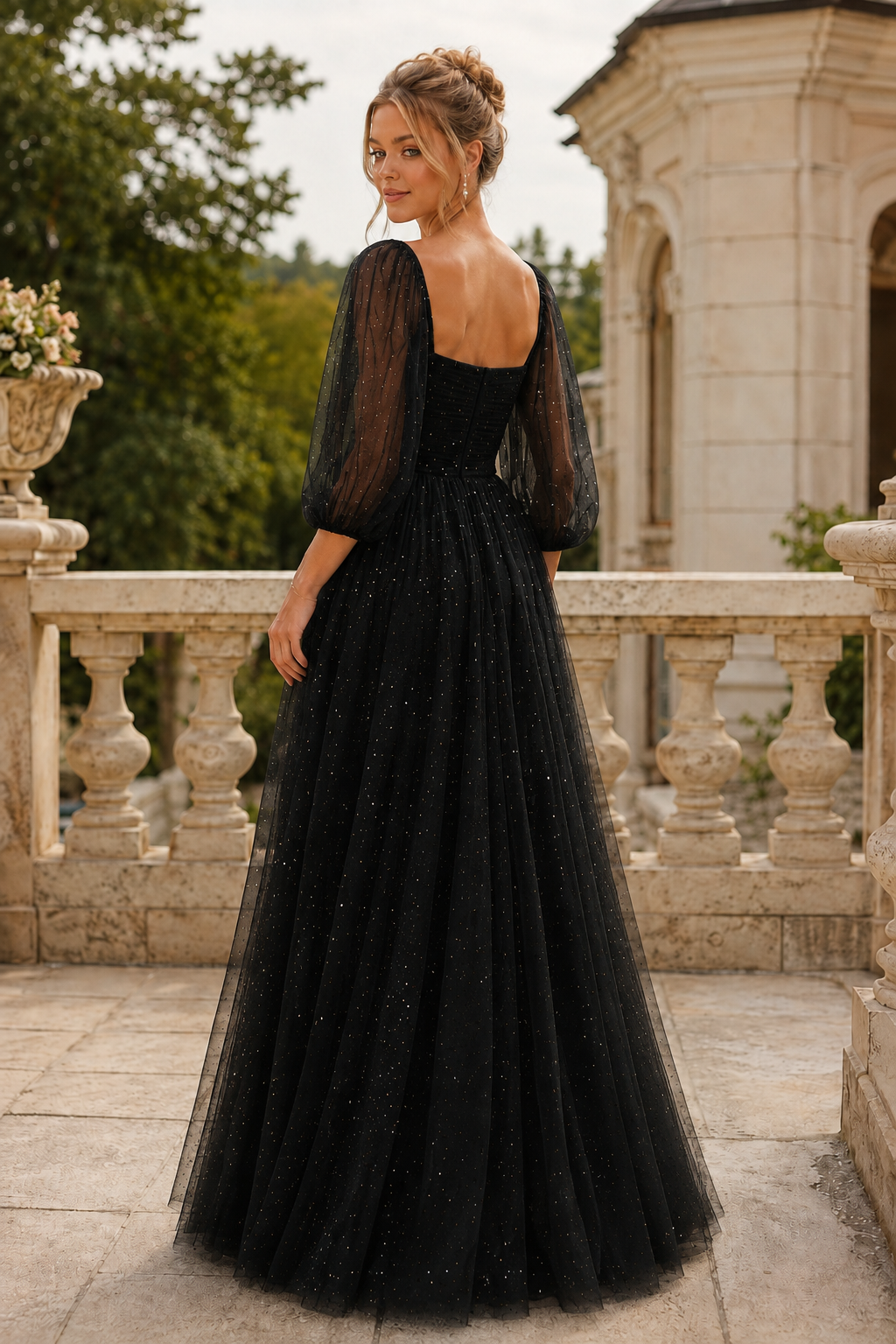 Kalsette A Line Square Neckline 3 4 Sleeve Floor Length Tulle Prom Dress in Black - front view