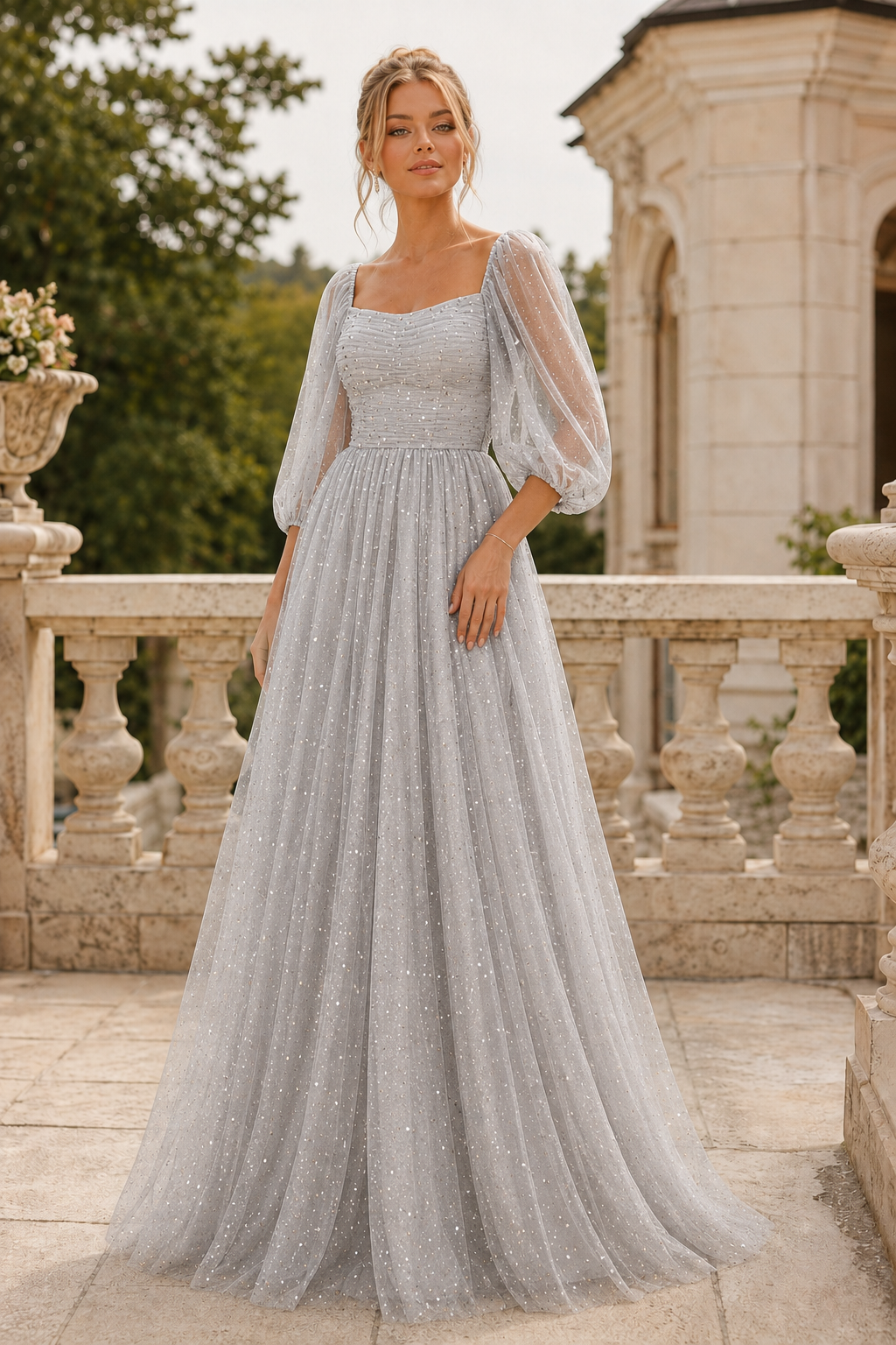Kalsette A Line Square Neckline 3 4 Sleeve Floor Length Tulle Prom Dress in Blush Pink - back view