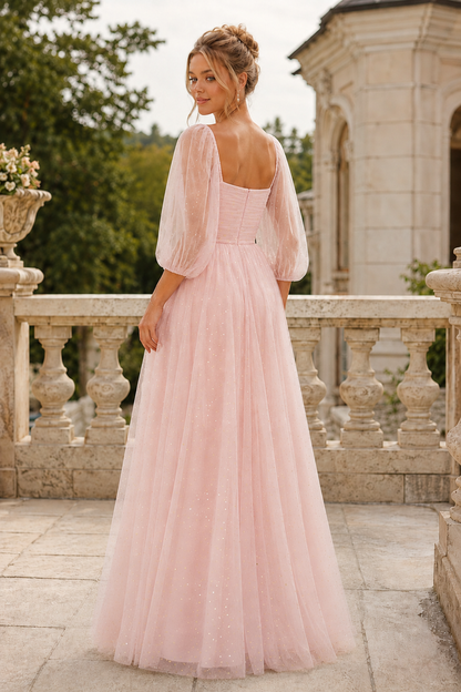 Kalsette A Line Square Neckline 3 4 Sleeve Floor Length Tulle Prom Dress in Blush Pink - front view