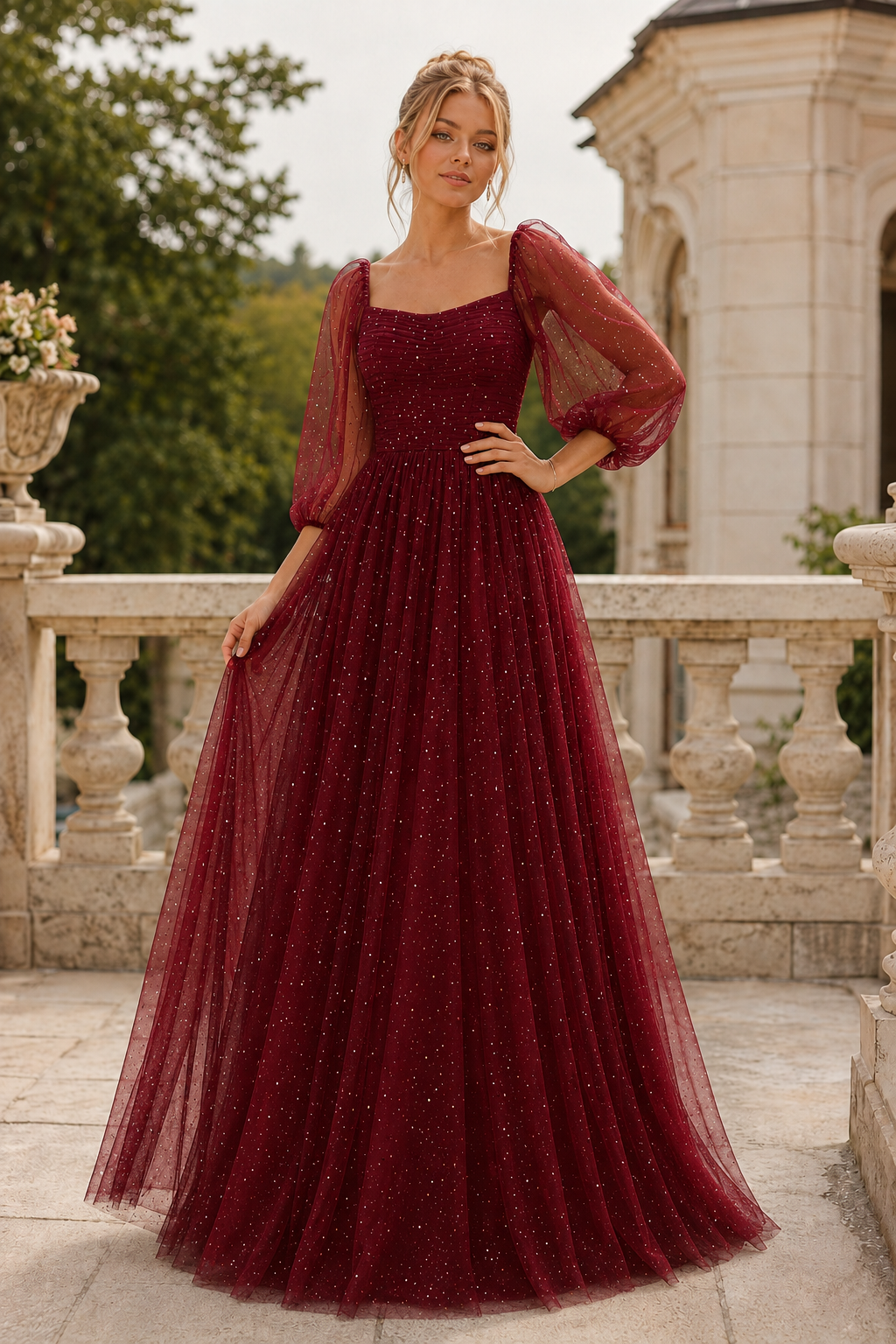 Kalsette A Line Square Neckline 3 4 Sleeve Floor Length Tulle Prom Dress in Burgundy - back view