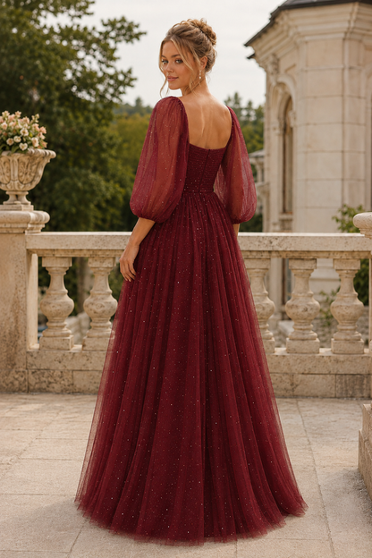 Kalsette A Line Square Neckline 3 4 Sleeve Floor Length Tulle Prom Dress in Burgundy - front view