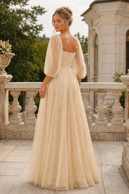Kalsette A Line Square Neckline 3 4 Sleeve Floor Length Tulle Prom Dress in Champagne - front view
