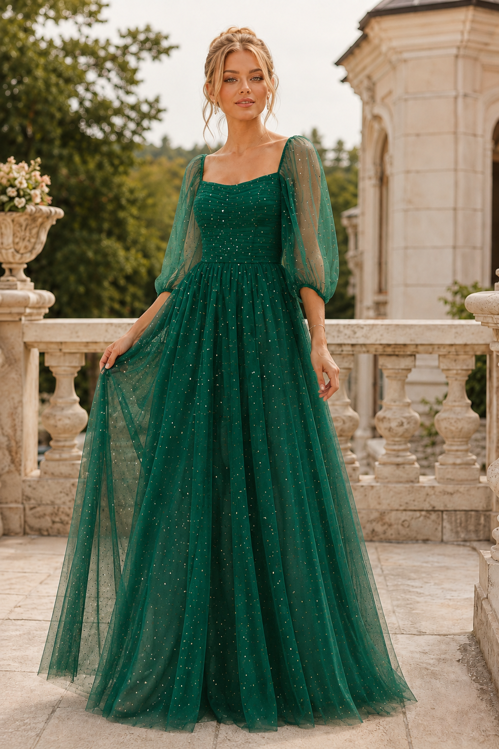 Kalsette A Line Square Neckline 3 4 Sleeve Floor Length Tulle Prom Dress in Emerald Green - back view