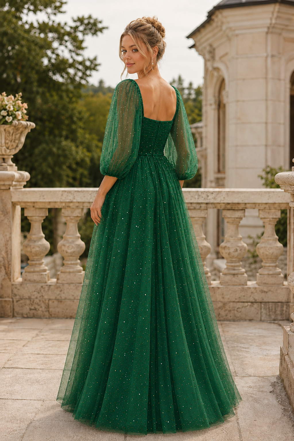 Kalsette A Line Square Neckline 3 4 Sleeve Floor Length Tulle Prom Dress in Emerald Green - front view