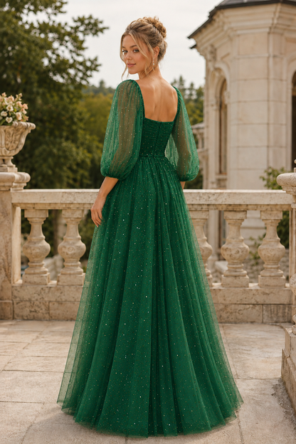 Kalsette A Line Square Neckline 3 4 Sleeve Floor Length Tulle Prom Dress in Emerald Green - front view