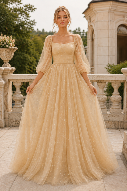 Kalsette A Line Square Neckline 3 4 Sleeve Floor Length Tulle Prom Dress in Lavender - back view